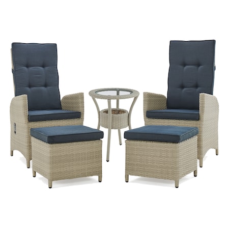 Wicker 2 Outdoor Recliners, Ottomans, Round Glass Top Accent Table